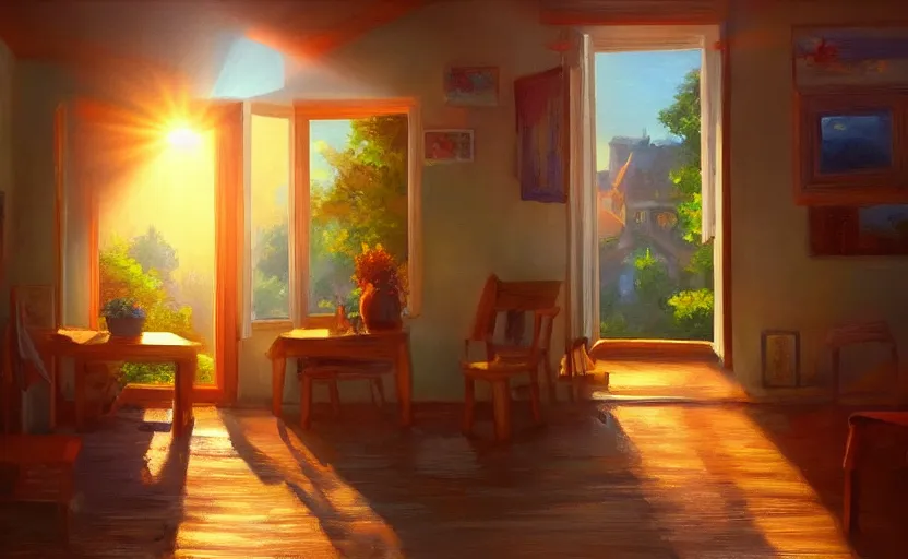 Prompt: happy morning and the rays of the morning sun shining through the window of the village house. very beautiful, clear sky, warm colors, oil painting, high detail, trending on artstation