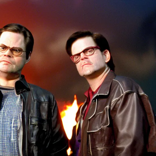 Prompt: film still of dwight k schrute ( the office ) in leather biker jacket, and milton waddams ( office space ) in leather biker jacket with dunder mifflin office in background on fire. 3 5 mm