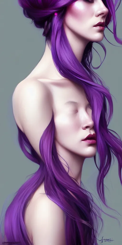 Image similar to Purple hair, creative colouring Portrait of woman face profile, fashion, coloured strands of hair, intricate, elegant, highly detailed, digital painting, artstation, concept art, smooth, sharp focus, illustration, art by artgerm and greg rutkowski and alphonse mucha, 8k