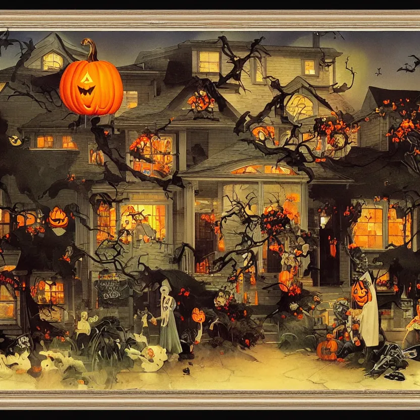 Prompt: a framed painting of a halloween scene in a suburban neighborhood. ornately framed highly detailed science fiction painting by norman rockwell, frank frazetta, and syd mead. rich colors, high contrast, gloomy atmosphere, dark background. trending on artstation. framed painting