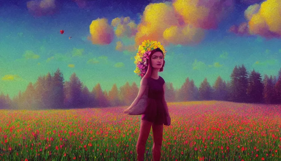 Image similar to girl with a flower face, surreal photography, dream, standing in flower field, hills, big trees, sunrise dramatic light, impressionist painting, colorful clouds, digital painting, pointillism, artstation, simon stalenhag, surreal