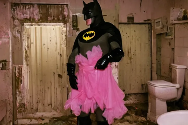 Prompt: michael keaton as batman wearing pink frilly apron offering free beer in dirty disgusting brown bathroom with cracked tiles and mold, atmospheric eerie lighting, dim lighting, bodycam footage, motion blur, blurry photography