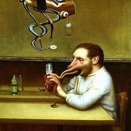 Prompt: an octopus drinking a beer in a pub, by Michael Sowa