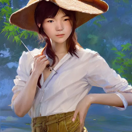 Prompt: oil painting by ilya kuvshinov,, baugh casey, craig mullins, coby whitmore, of a youthful japanese girl, long hair, fishing and wearing fisherman's outfit, fisherman's hat, highly detailed, breathtaking face, studio photography, noon, intense bounced light, water reflection, large tree casting shadow, serine intense sunlight