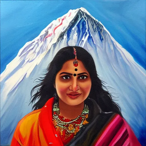 Prompt: Painting of an Indian actress in Mount Everest