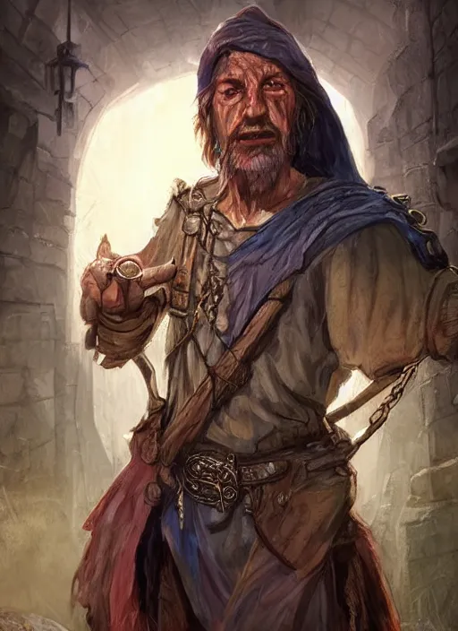 Prompt: poor beggar on the streets, ultra detailed fantasy, dndbeyond, bright, colourful, realistic, dnd character portrait, full body, pathfinder, pinterest, art by ralph horsley, dnd, rpg, lotr game design fanart by concept art, behance hd, artstation, deviantart, hdr render in unreal engine 5