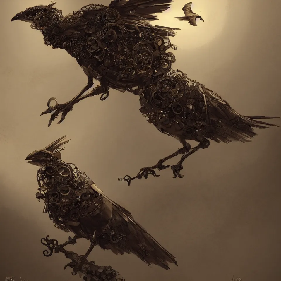 Prompt: a detailed concept art of a steampunk bird by miguel nogueira, dynamic lighting, cinematic, epic composition, masterpiece