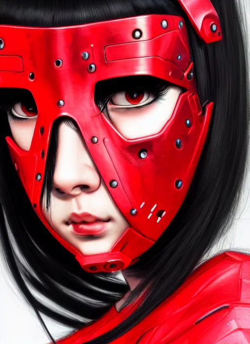 Prompt: portrait of long black hair girl within a red steel mask and techwear. cynical face, concept art, cyberpunk illustration, intricate, highly detailed 8 k, smooth, matte, sharp focus, rim light, beautiful and aesthetic shape of face and body, artgerm, artstation, art by gharliera and rinotuna and junpei