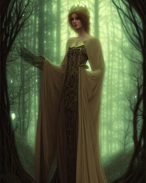 Prompt: nocturne, glowing, stars, a portrait of a beautiful medieval princess, tall and thin, highly detailed, mysterious, ethereal, glowing in the dark, haute couture, dark forest, illustration, painting, dramatic lighting, by edmund blair leighton, brom, charlie bowater, faces by otto schmidt