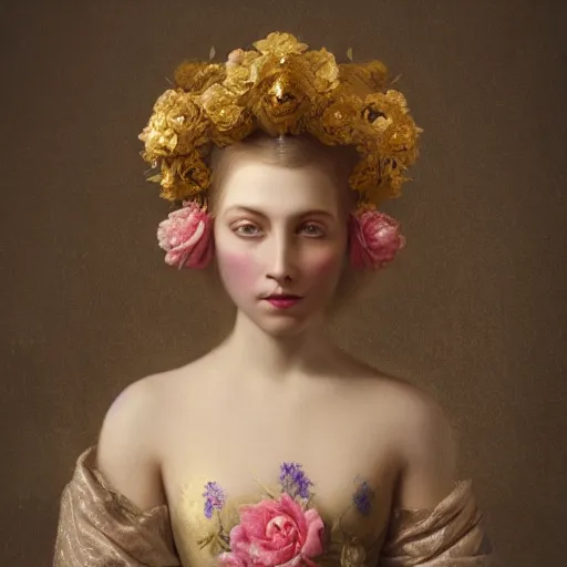 Image similar to 8k, octane render, realism, tonalism, renaissance, rococo, baroque, portrait of a young lady wearing dress with flowers and skulls, background chaotic gold leaf flowers
