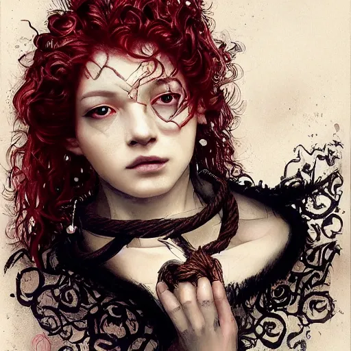 Image similar to portrait of a Shibari rope wrapped face and neck, headshot, insanely nice professional hair style, dramatic hair color, digital painting, of a old 13th century, traveler, amber jewels, baroque, ornate clothing, scifi, realistic, hyperdetailed, chiaroscuro, concept art, art by Franz Hals and Jon Foster and Ayami Kojima and Amano and Karol Bak,