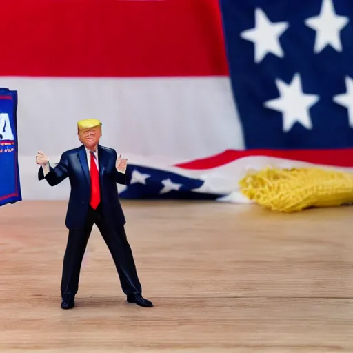 Image similar to a toy figure of donald trump holding usa flag