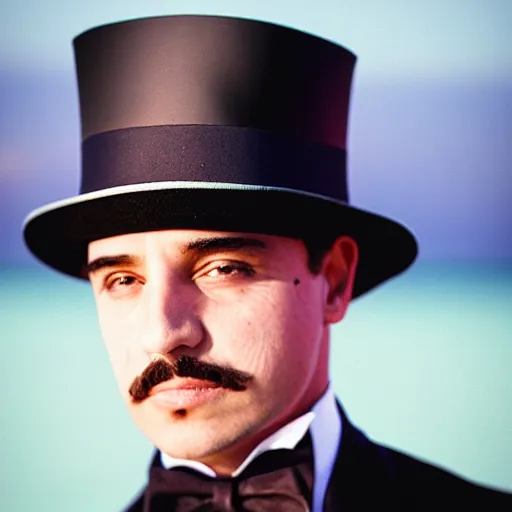 Image similar to the godfather wears a top hat. 5 0 mm, cinematic, technicolor. sea and beach and a man in the background. sunset lighting