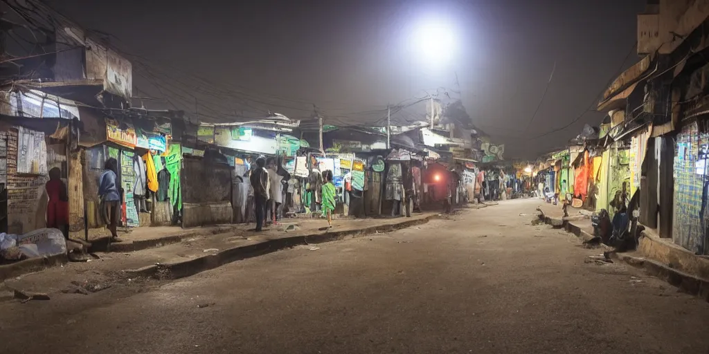 Prompt: UFO seen during night time in Ajegunle slums of lagos - beaming neon ray of light,