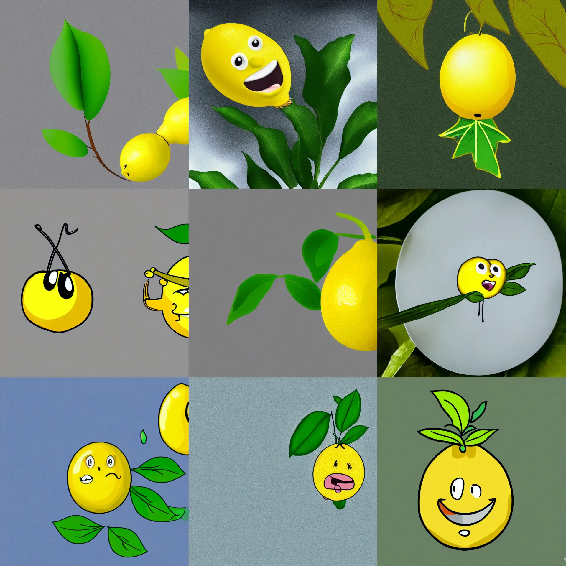 Image similar to a screaming lemon with a green leaf on top, cartoon