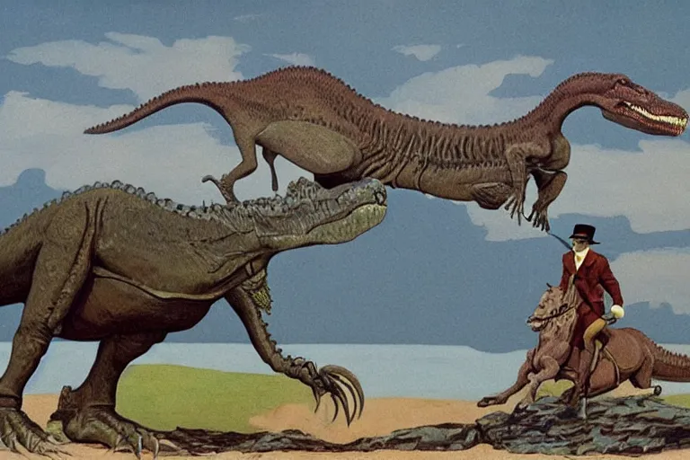 Image similar to Winston Churchill riding a T-Rex, painting by Jean Giraud and René Magritte