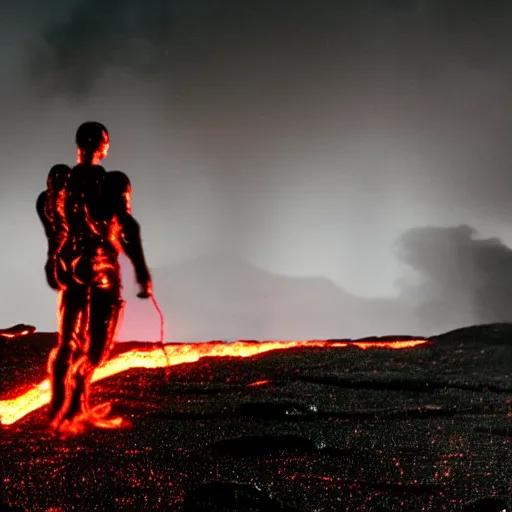 Image similar to A frontal view photo of a terminator walking on lava at night