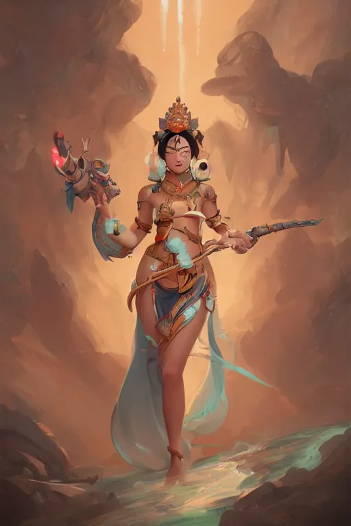 Prompt: Beautiful portrait of a Asian goddess, full body, character concept design, by Peter Mohrbacher, overwatch, weapon, detailed, style, 8k, trending