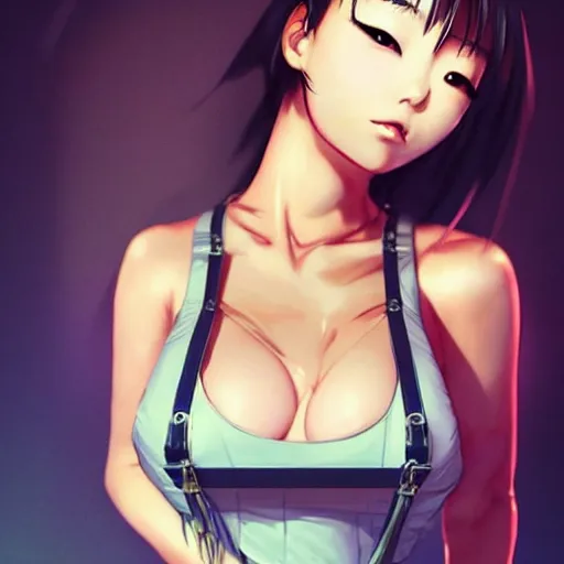 Prompt: a beautiful young japanese hitomi tanaka alluring instagram model in elaborate latex tank top, jrpg tank top made from latex demon faces, concept art by akira toriyama and wlop and ilya kuvshinov and artgerm and studio ghibli, aesthetic, gorgeous, stunning, alluring, attractive, artstation, deviantart, pinterest, digital art