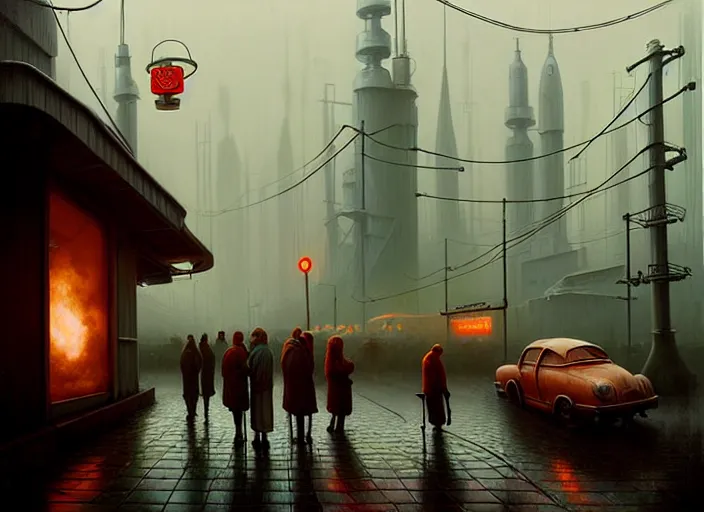 Prompt: waiting in line for cold soup by simon stalenhag and gil elvgren and tom bagshaw, rich vs poor, highly detailed, hyperrealism, dreary, cold, cloudy, grey, smog, high contrast, solarpunk