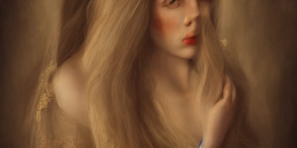 Image similar to realistic portrait of a mysterious woman in silky clothes with long golden hair, golden, castle, detailed, 1 4 5 0, delicate, hyper realism, ultra realistic, 8 k