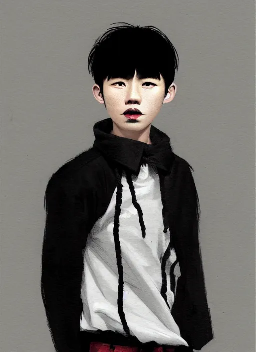 Image similar to portrait of an korean teen boy with a crooked nose and a confident expression, 1 9 6 0 s, black clothes, goth, punk, brightly coloured hair, funk, intricate, elegant, highly detailed, digital painting, artstation, concept art, smooth, sharp focus, illustration, art by wlop, mars ravelo and greg rutkowski