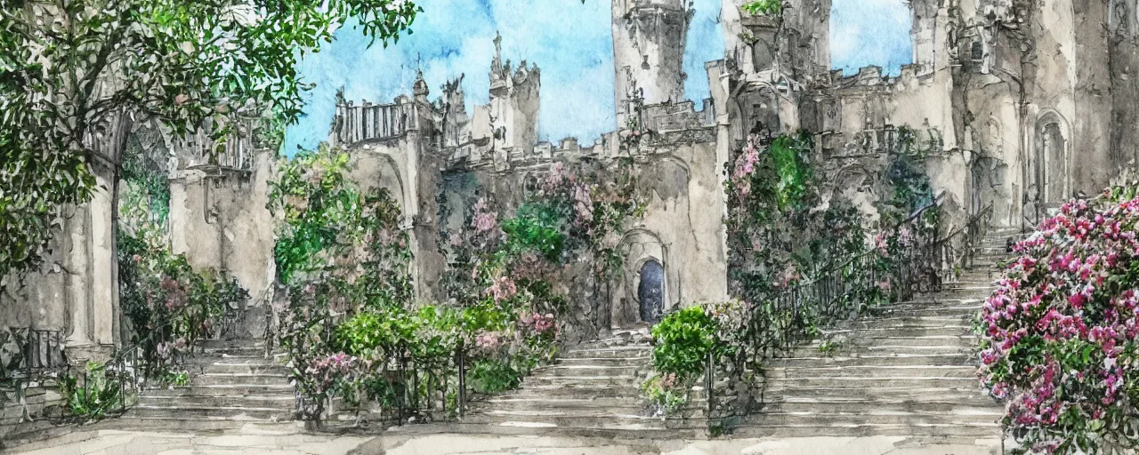 Image similar to huge flower, courtyard walkway, castle, stairway, chairs, wrought iron, gate, tree, delicate, botanic garden, road, botanical herbarium paper, watercolor colored painting, iridescent colors, 8 k, realistic shaded, fine details, artstation, italian style, colonnade