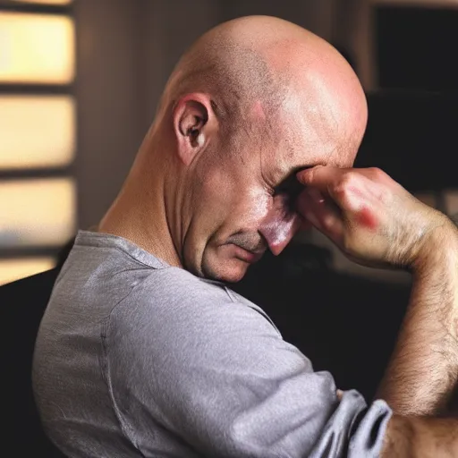 Image similar to crying sad hairless bald man crying at his computer with twitter open in the background, professional photo