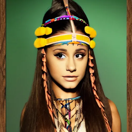 Prompt: ariana grande as a beautiful native american from 300 years ago, colour, photography, realistic,