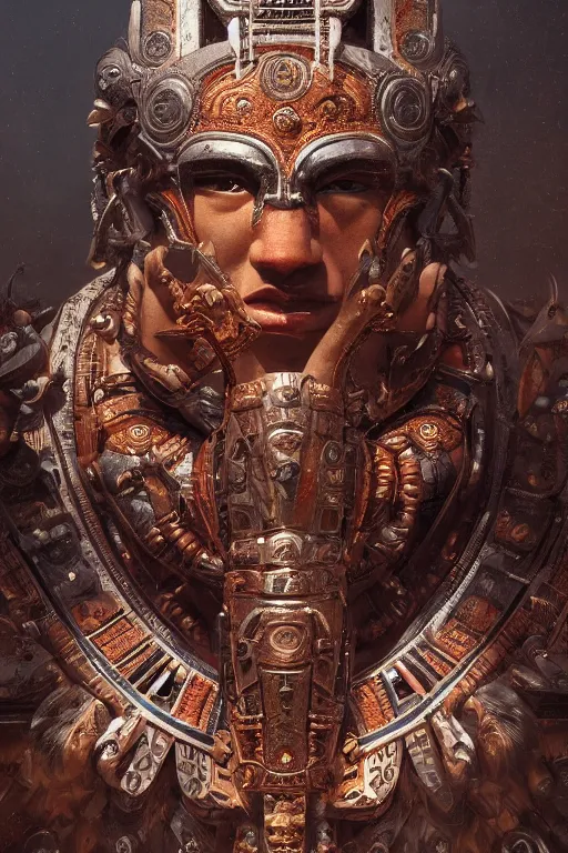 Image similar to aztec god, close - up portrait, powerfull, intricate, elegant, volumetric lighting, scenery, digital painting, highly detailed, artstation, sharp focus, illustration, concept art, ruan jia, steve mccurry