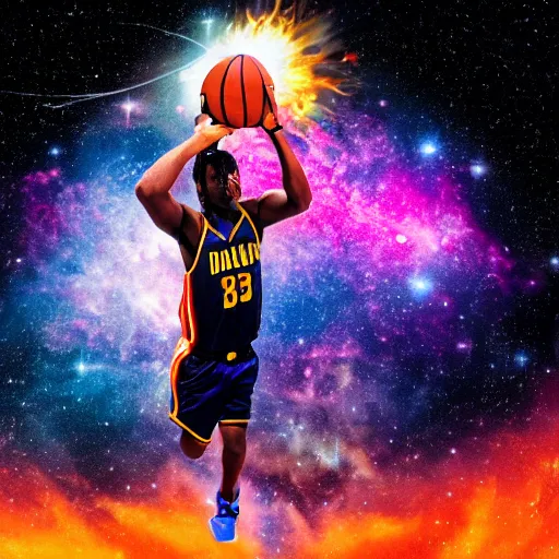 Prompt: a player dunking a basketball depicted as an explosion of a nebula