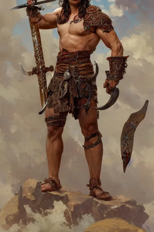 Image similar to full body image of muscular male barbarian holding sword in the air, intricate details, large sword, by Stanley Artgerm Lau, by greg rutkowski, by thomas kindkade, by alphonse mucha, loish, by norman rockwell J.