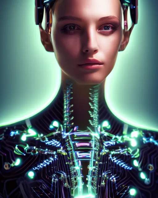 Image similar to fashion portrait, most beautiful girl in the world, glowing cybernetic augments, hyperrealism, year 2447, cdx