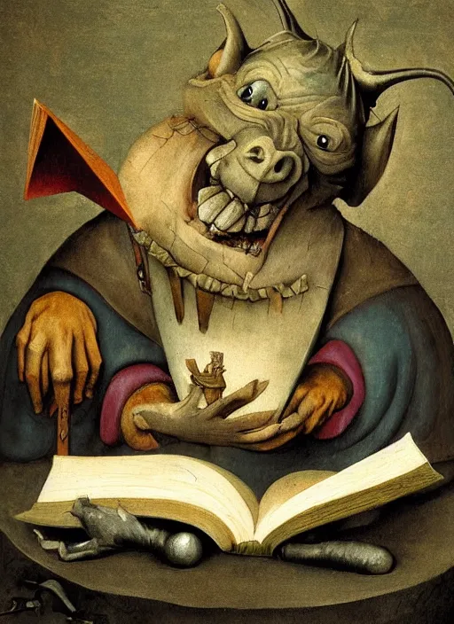 Prompt: medieval goblin reading a book by hieronymus bosch, detailed digital art, trending on Artstation