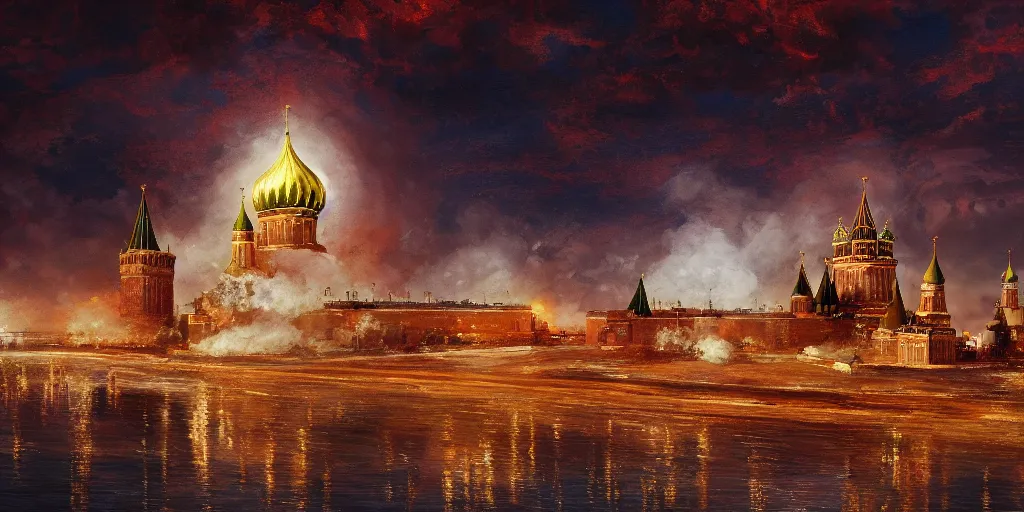 Prompt: a beautiful painting of nuclear strike on Kremlin by Shinkai Makoto, 4k,high detail, advanced rendering whimsically designed art, 4k post-processing highly detailed,Soft illumination