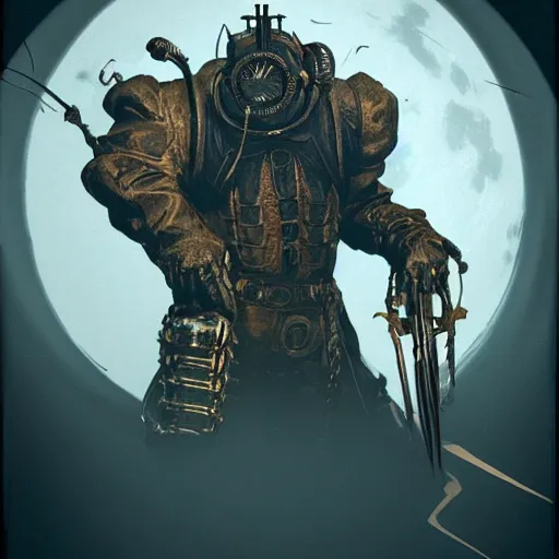 Image similar to an ultra detailed vector image of a big daddy from bioshock dressed as the hunter from bloodborne, concept art by alphonse mucha and greg rutkowski, scary shadows, blood moon eclipse, polaroid octane render, laminal space