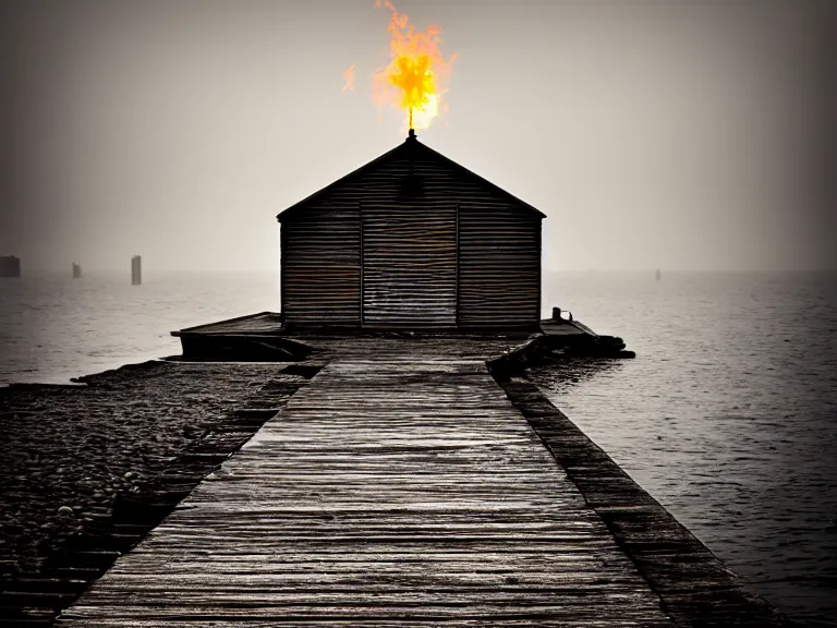 Image similar to a forgotten wharf on a cold sea by zacharias aagaard and magali villeneuve and ruth deckard, hyperrealism, high contrast, low light, bokeh, short focal length, desaturated, grey mist, cobblestones, orange candle flames, volumetric lighting