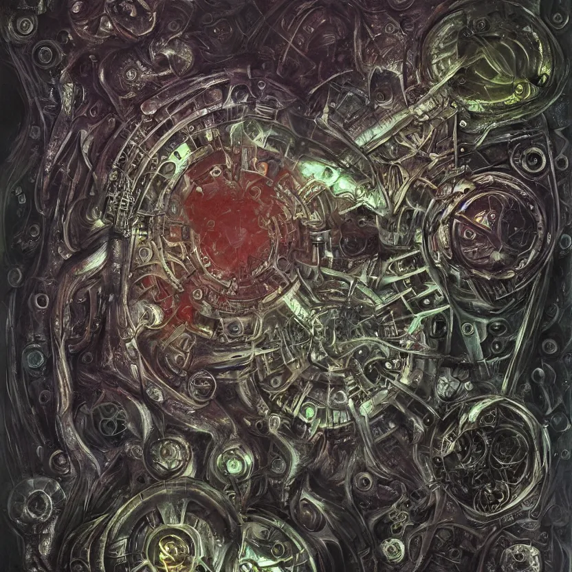 Image similar to biomechanical muladara chakra, volumetric shadows and lighting, concept art, psychedelic colors, realistic oil painting by h. r giger,