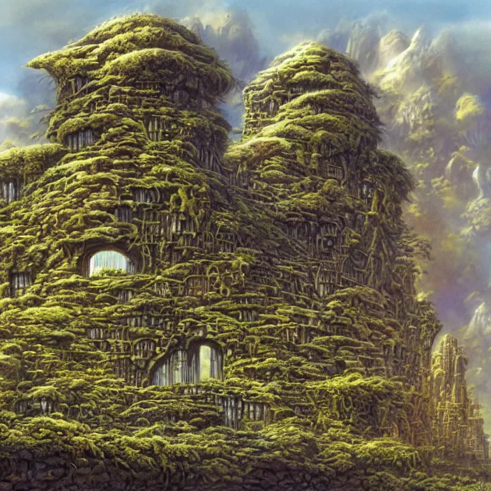 Prompt: a building in a landscape, by rodney matthews