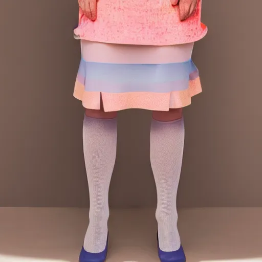 Image similar to old man wearing pastel stockings and skirt, gender non - conforming, elderly feminine man