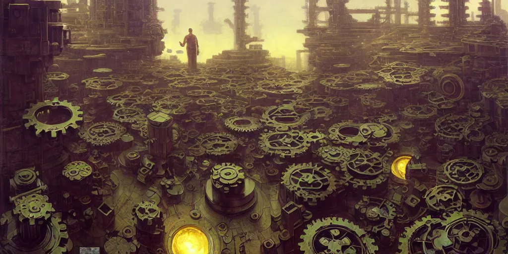 Prompt: giant interlocked gears cogs, giant geometric mechanisms structures floating in space, industry, villages castles, buildings vista artstation illustration sharp focus vista painted by ruan jia raymond swanland lawrence alma tadema zdzislaw beksinski norman rockwell tom lovell alex malveda greg staples