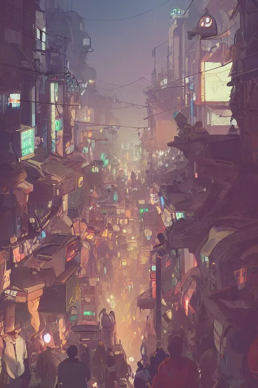 Image similar to crowdy tokyo street, mucha vibe, dieselpunk, solarpunk, artstation, andrei riabovitchev