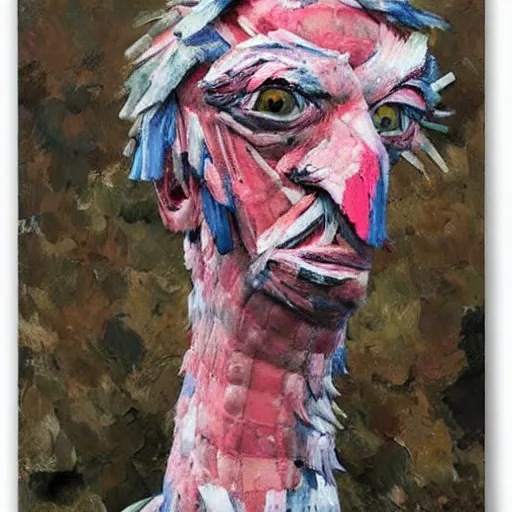 Prompt: shredded physique feathered tall neck beak Portrait of Samuel Beckett camouflaged as Flamingo whilst wearing a pink tuxedo Standing atop a Garbage Truck Greg Rutkowski Vik Muniz Paul Cezanne Andrew Wyeth Dan Witz