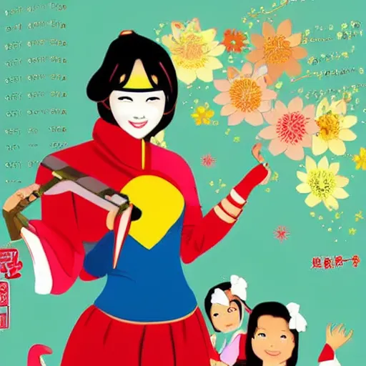 Prompt: Asian superhero teacher lady as mother of 2 little girls, asian propaganda poster on a wall, hd photo