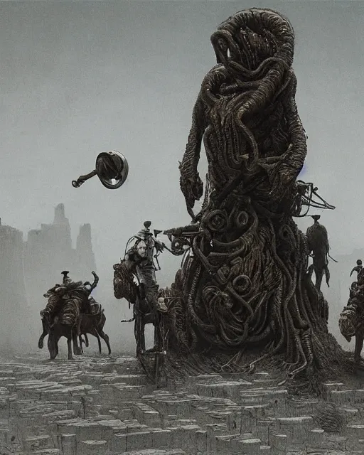 Prompt: cowboys vs lovecraftian monsters, vintage old, sepia, retrofuturism sci - fi old movie, highly detailed, photorealistic, 8 k, by beksinski and stalenhag