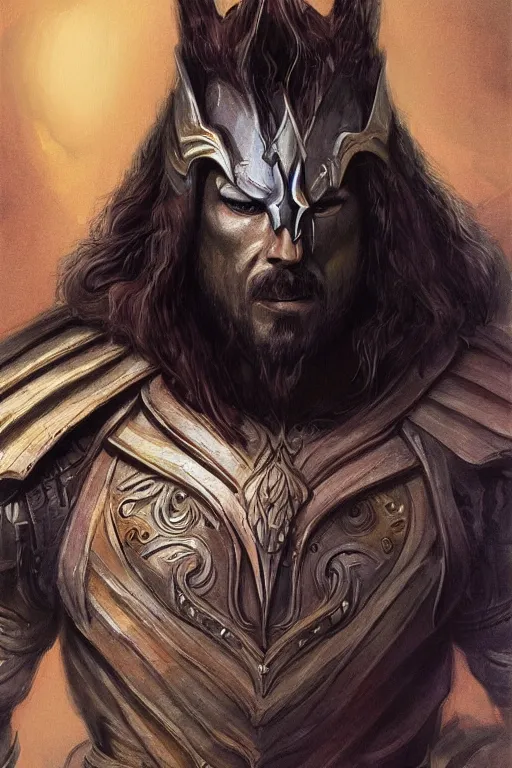 Prompt: rob mcelhenney as ares by josh kirby long flowing hair, fantasy, frown,, intricate, elegant, highly detailed, digital painting, artstation, concept art, matte, sharp focus, illustration