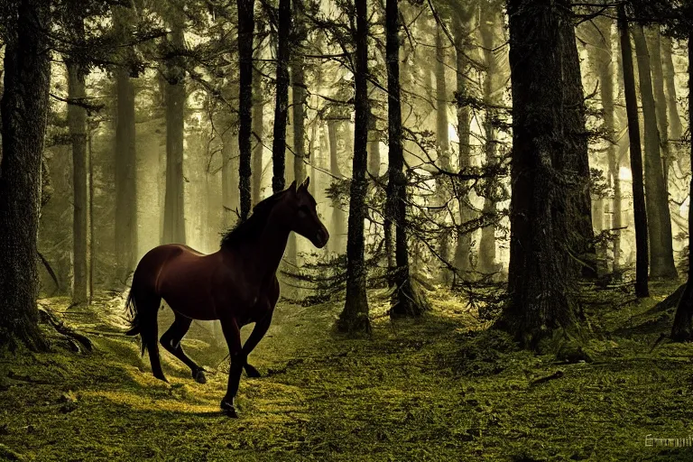 Prompt: beautiful horse in the forest evening natural light by Emmanuel Lubezki