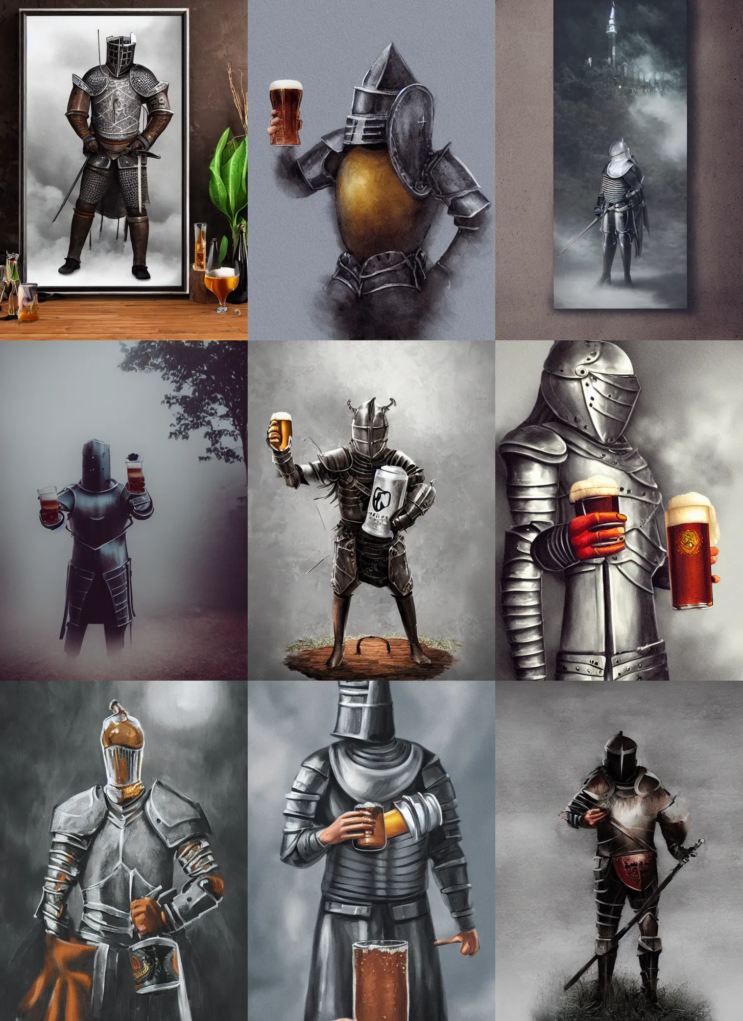 Prompt: knight drinks beer, fog, full body art