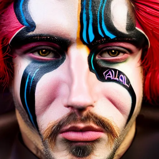 Image similar to an award finning closeup facial portrait by akseli kallen gallela luis rogyo and john howe of a bohemian easygoing and handsome male cyberpunk traveller clothed in excessivelyg fashionable 8 0 s haute couture fashion and wearing ornate body paint