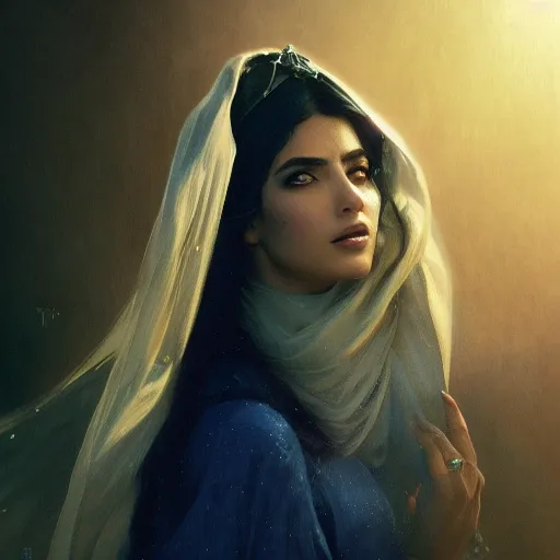 Image similar to a Photorealistic dramatic hyperrealistic render of an arab ameera al taweel, blue eyes, black hair, white veil,by WLOP,Artgerm,Greg Rutkowski,Alphonse Mucha, Beautiful dynamic dramatic dark moody lighting,shadows,cinematic atmosphere,Artstation,concept design art,Octane render,8K